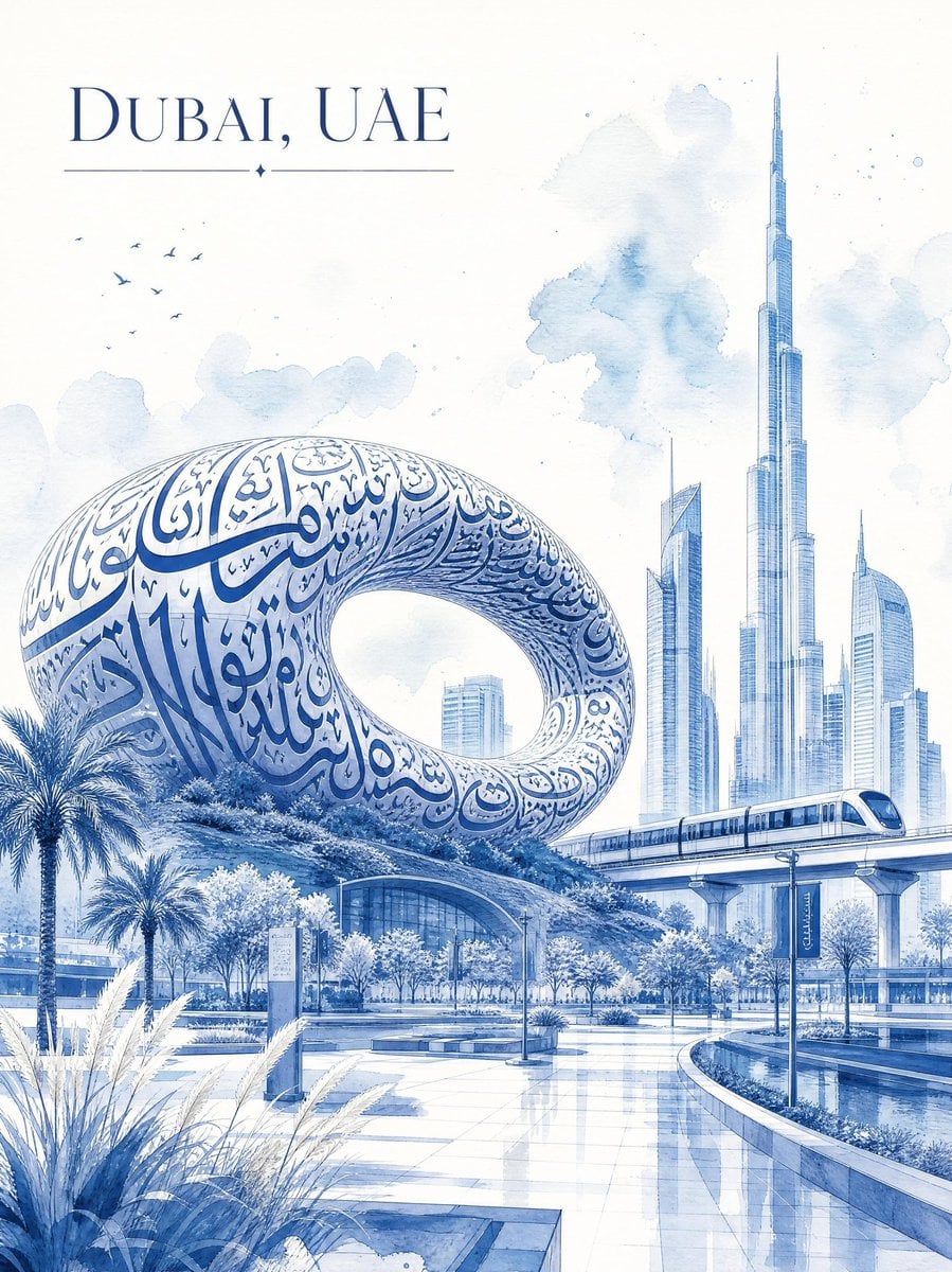 Ultra-luxury minimalist watercolor travel poster of Dubai, UAE, rende…