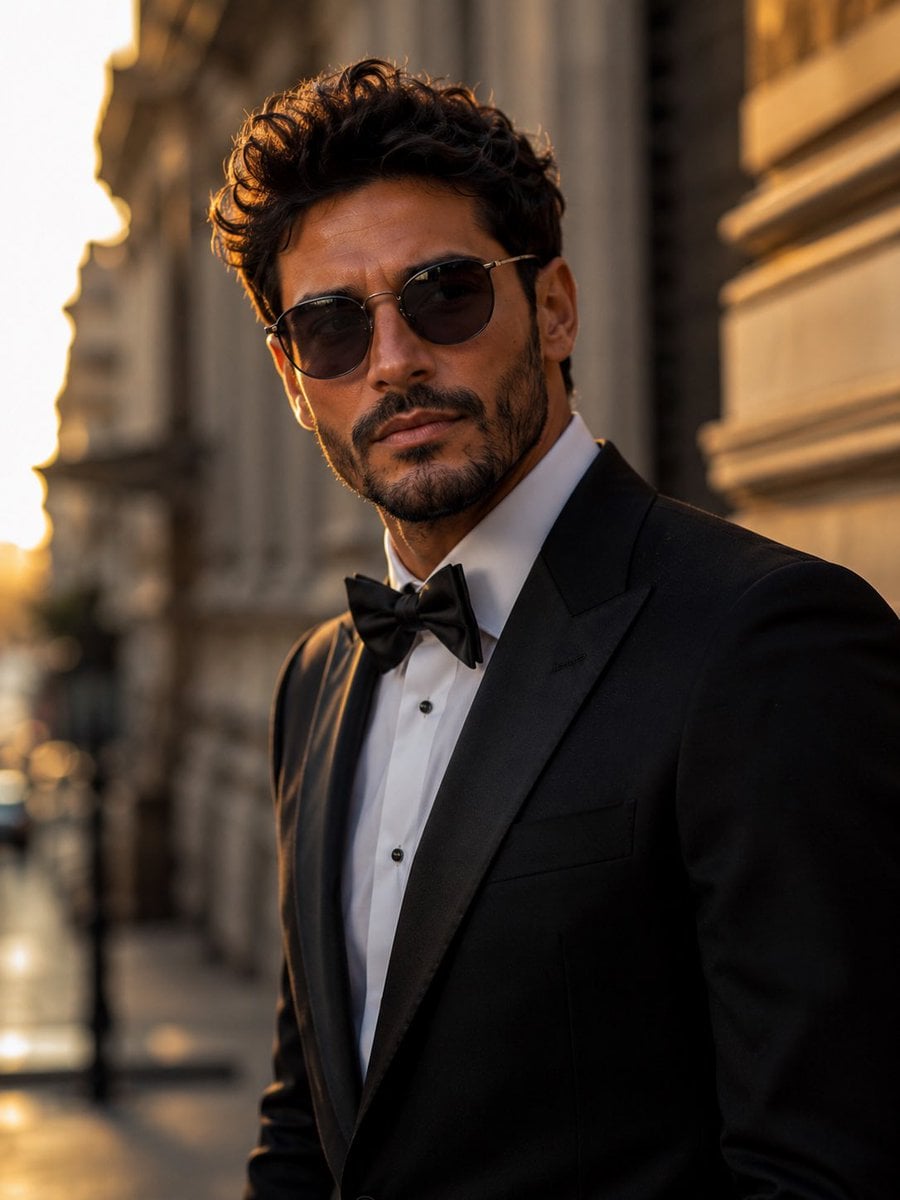 Ultra-realistic cinematic portrait of a stylish young man standing on…