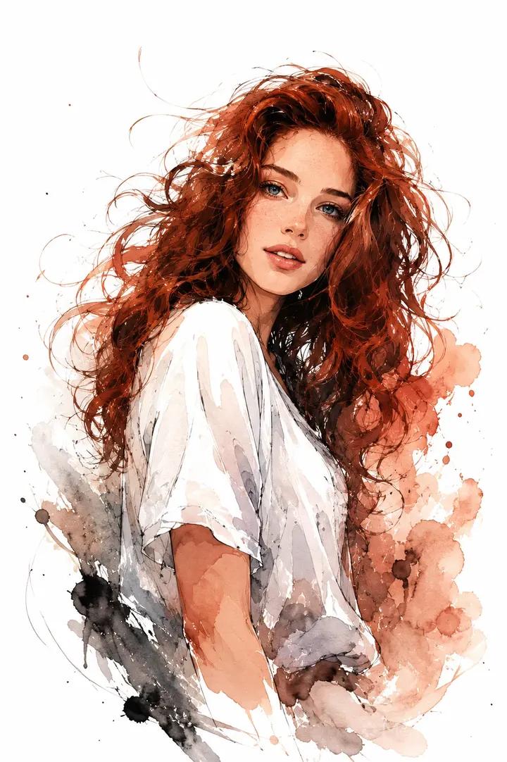 Portrait of a young woman with long messy curly red hair, wearing loo…