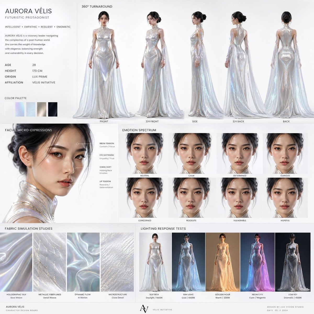 Create a high-end cinematic character design board of a futuristic female protagonist for a premium drama fil…