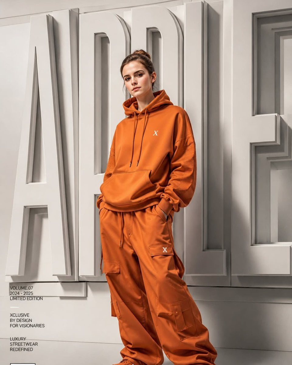 A high-end fashion campaign poster featuring a young model standing confidently in front of gigantic 3D typog…