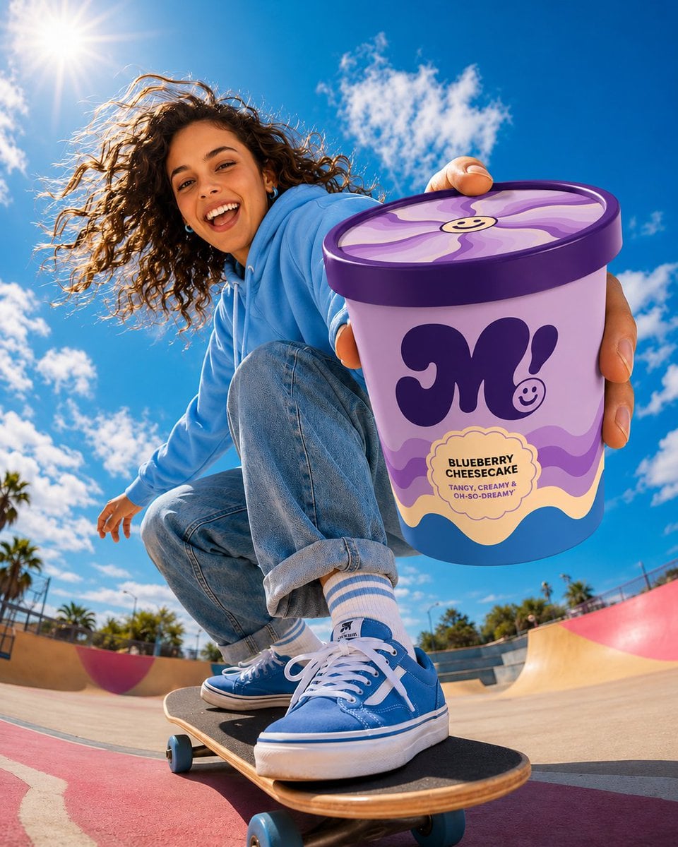 Ultra-realistic commercial product photography low-angle wide lens shot at a vibrant outdoor skatepark cheerf…