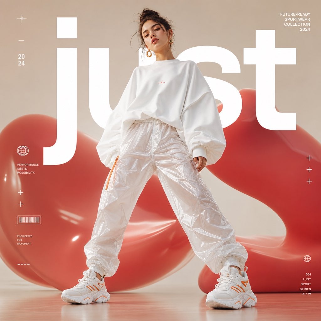 High-fashion futuristic sportswear editorial poster. Full-body shot of a female model in a dynamic, confident…