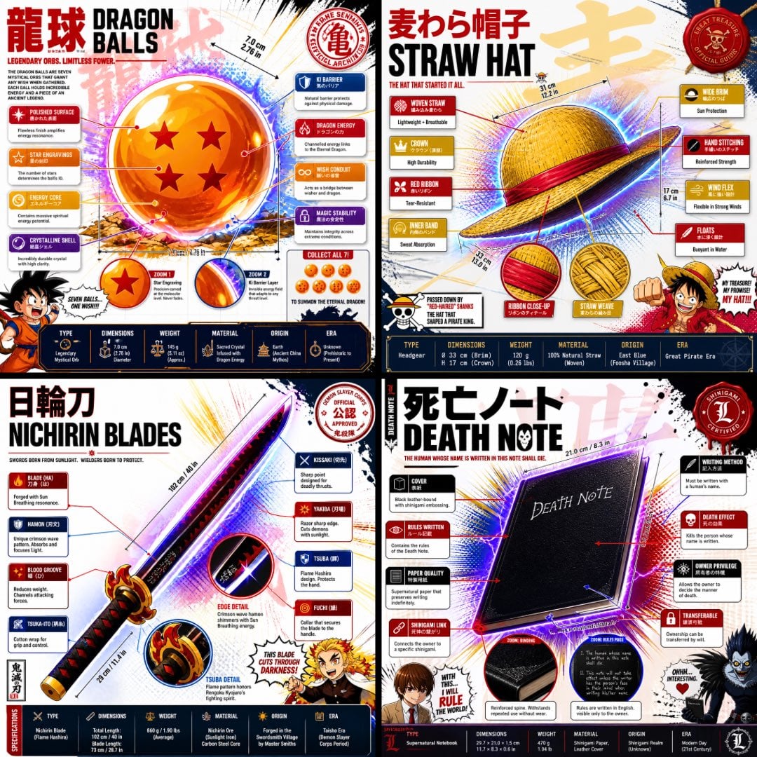 1:1 square anime infographic poster, premium official fanbook spread…