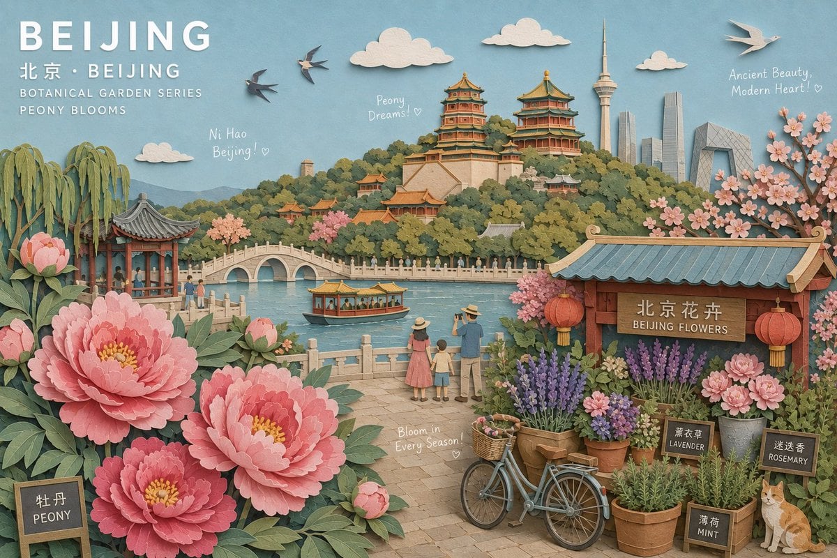 Create a museum-quality handcrafted 3D paper-collage botanical travel…
