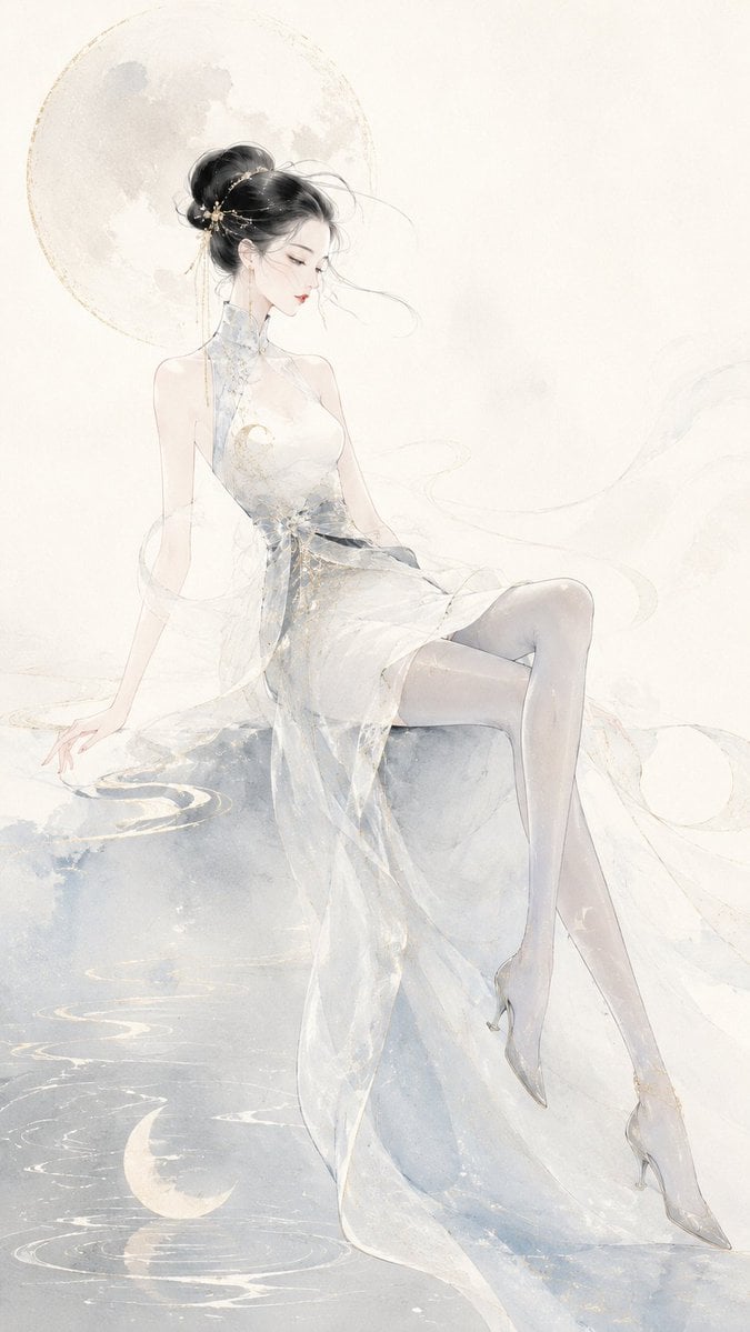 请生成一张 9:16 竖版的原创东方时装插画，主题为[主题名称]。 整体风格融合：现代东方高定、中国水墨、淡彩水彩、细腻书法式线条、宣纸留…