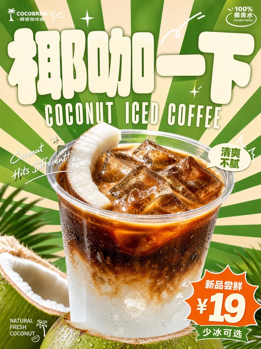 围绕具体饮料主题生成一张明亮轻快的复古商业广告视觉：画面第一眼由超大、厚实、圆角饱满的主题字标建立记忆点，字形像柔软膨胀的招牌块面，浅色填…