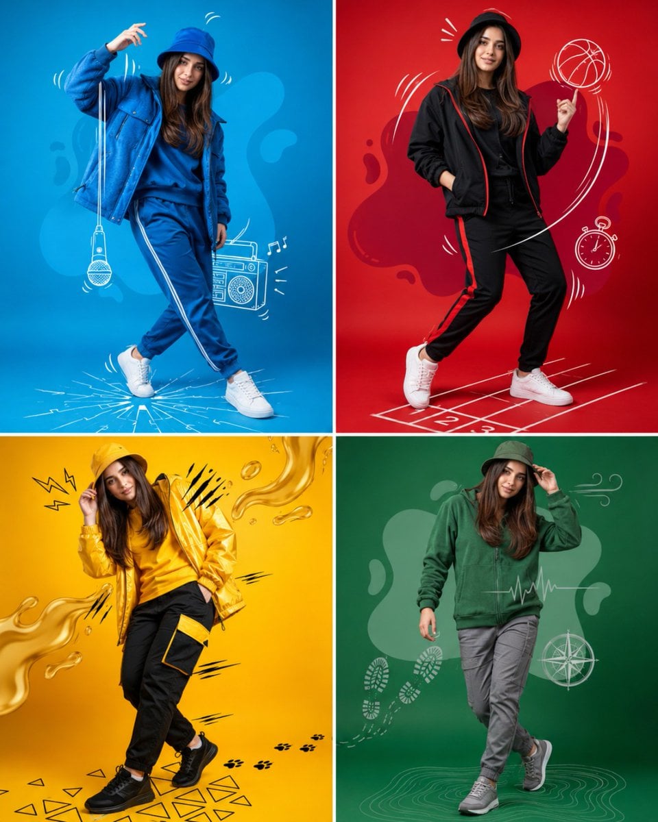 Create a high-end fashion advertising poster inspired by colorful spo…