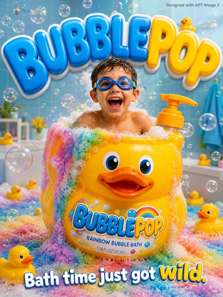 A fun bubbly kids advertisement poster. An excited young boy age 5 in…