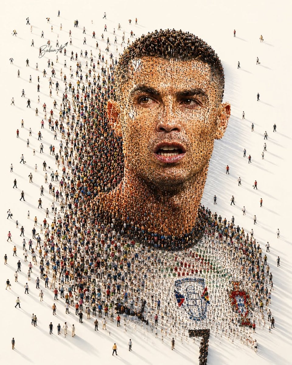 Ultra-detailed crowd mosaic portrait of a legendary football player,…