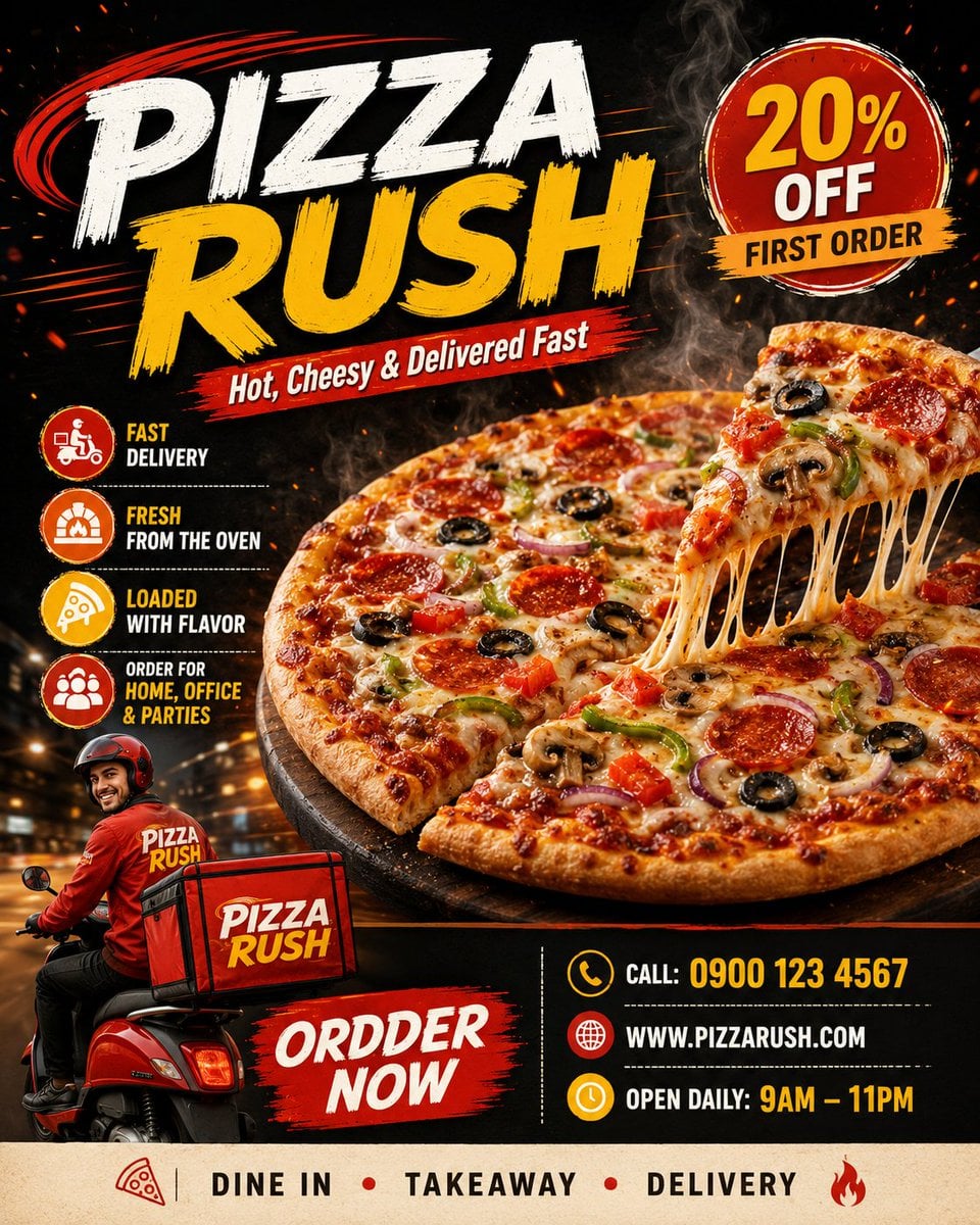 Create a premium commercial advertising poster for a pizza delivery s…