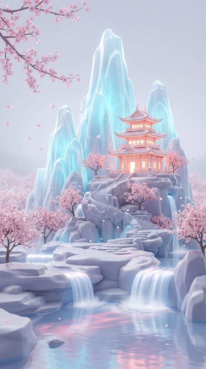 A dreamy pastel fantasy landscape in a vertical composition, showing a glowing East Asian pagoda-style temple…
