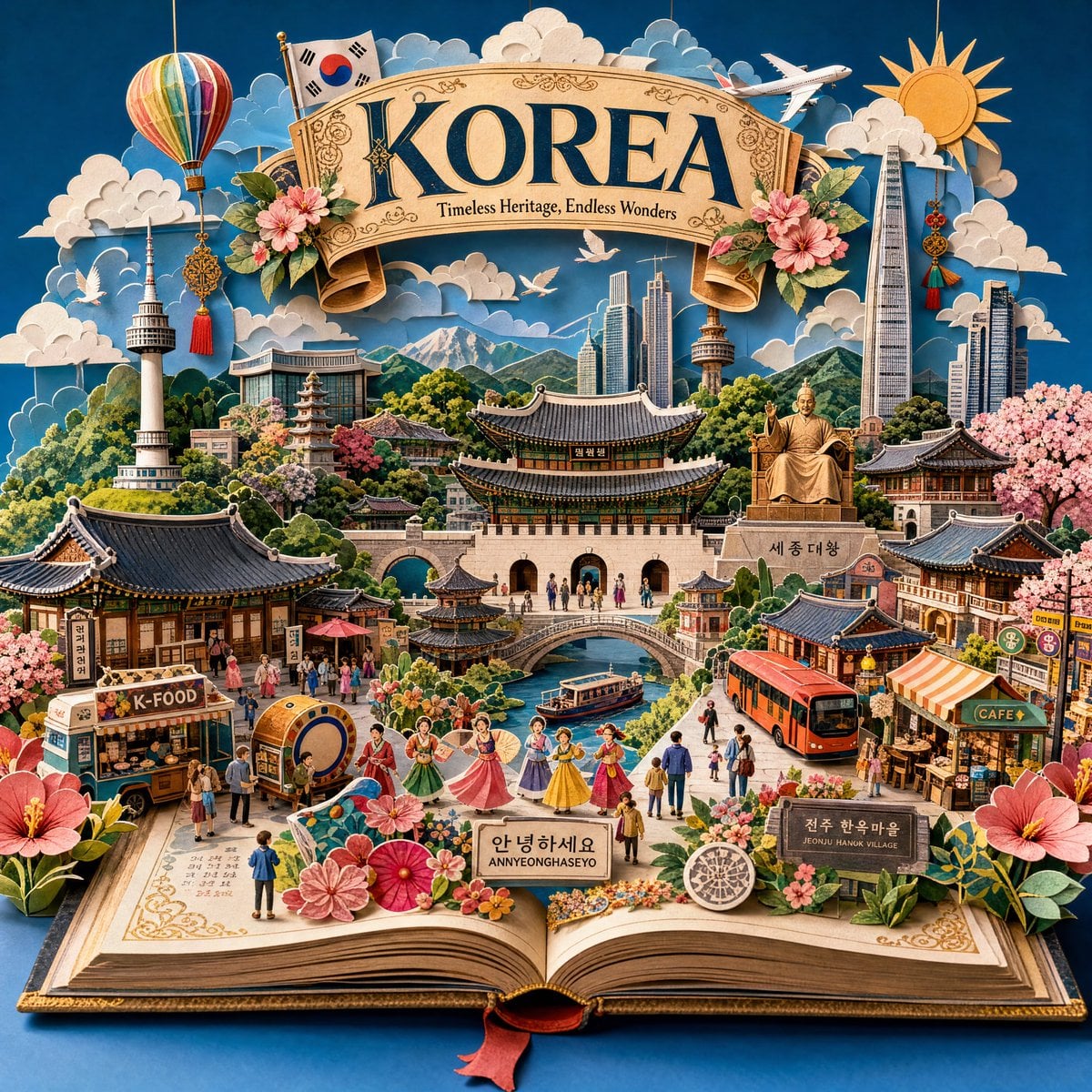 Create an ultra-detailed handcrafted 3D pop-up storybook travel illus…