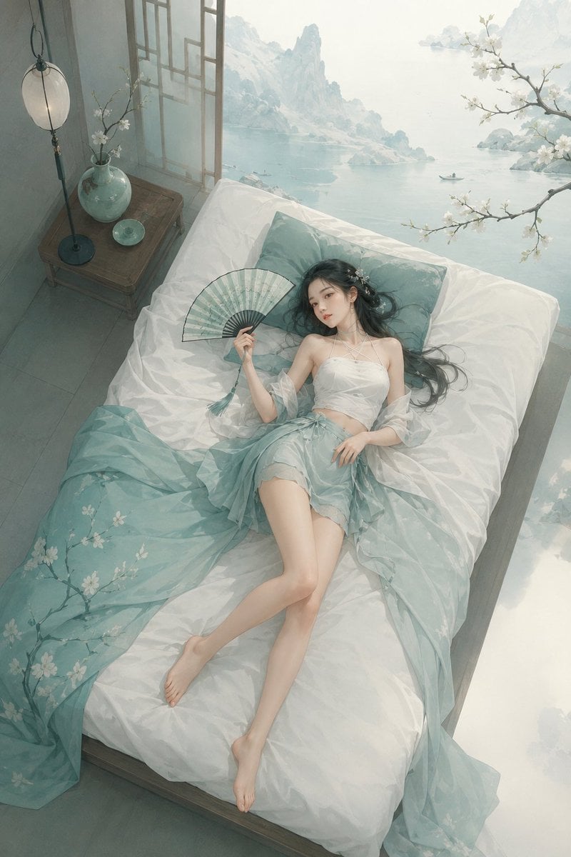 极简东方禅意半写实插画，主体为[主体]，青绿颜色体系，较强饱和对比，画面空灵静谧，大面积留白，带轻雾感、静止空气感和朦胧远景层次，可结合极…