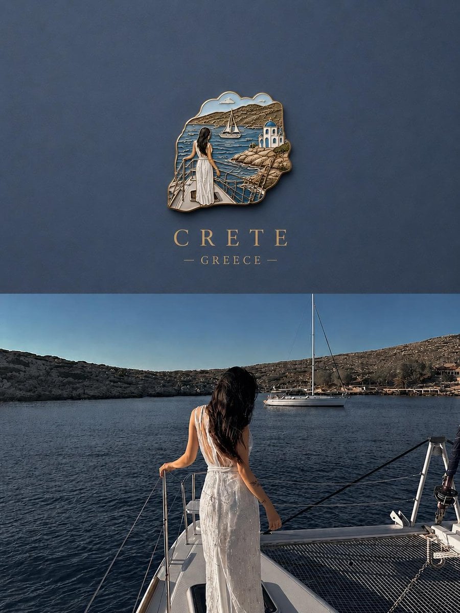 Create a premium travel poster featuring a miniature 3D souvenir badge floating on a clean matte background.…