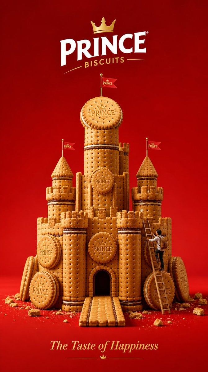 Design a minimalist luxury 3D advertising poster for Prince Biscuits.…