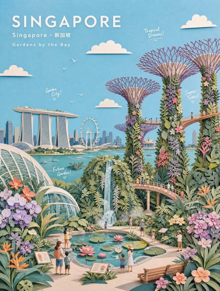 PASTEL PAPER-COLLAGE BOTANICAL GARDEN TRAVEL POSTER Create a museum-q…