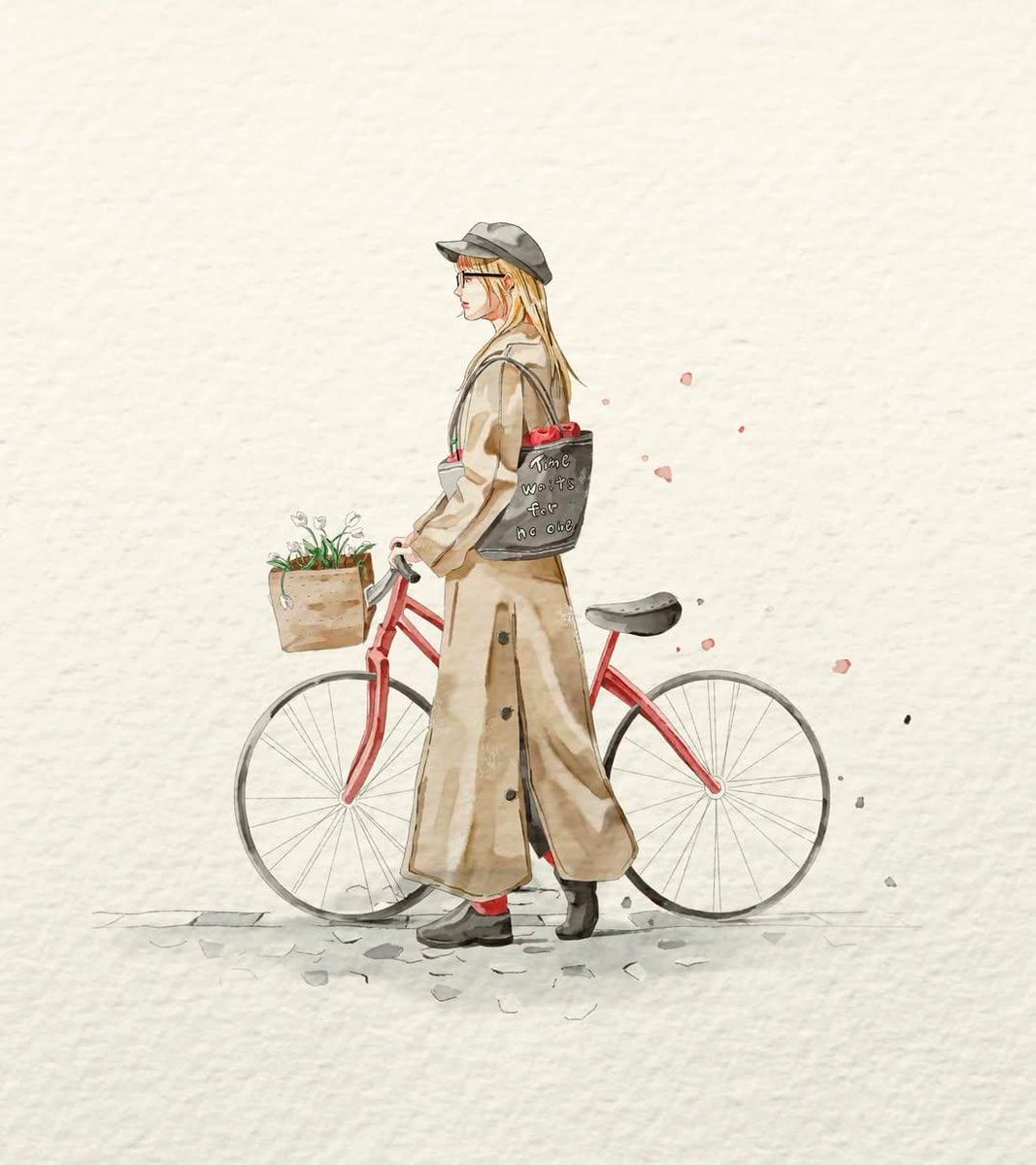 A delicate watercolor fashion illustration on textured off-white hand…