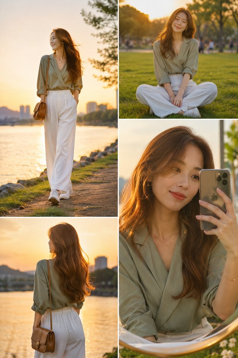 A high-fashion editorial collage of a stylish East Asian woman at a s…