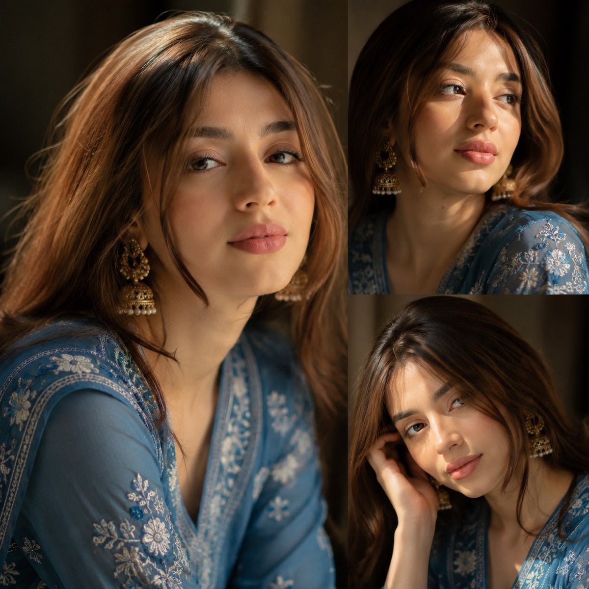 Ultra-realistic South Asian female portrait collage, three-photo layo…
