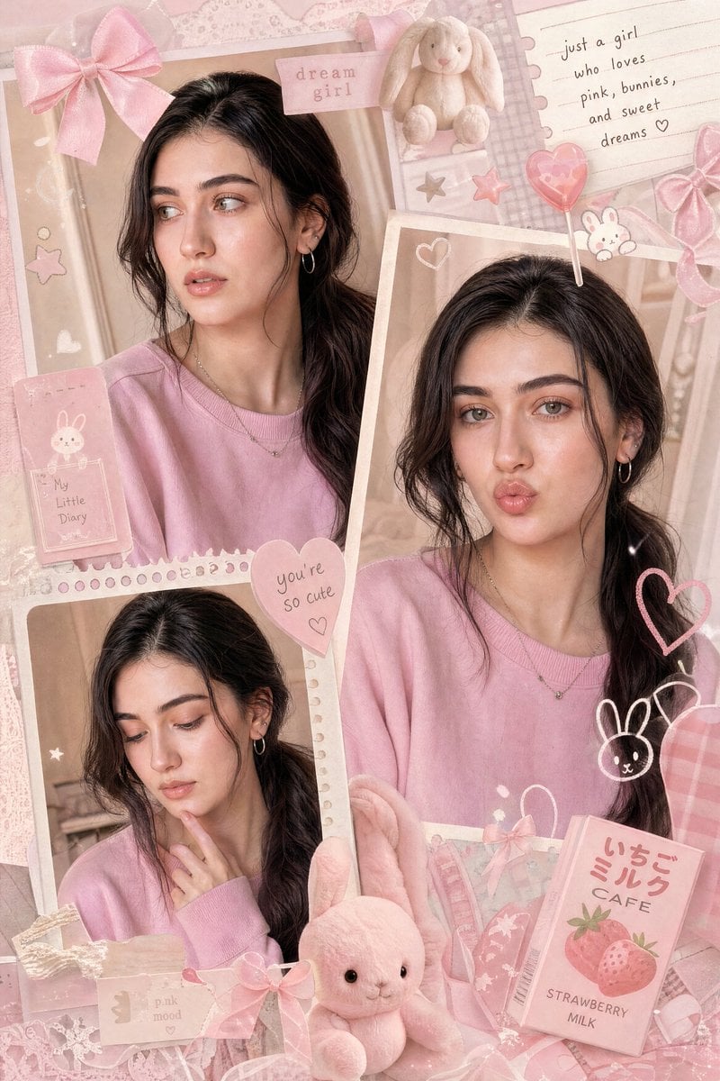 A dreamy multi-frame pastel pink aesthetic collage featuring a cute y…