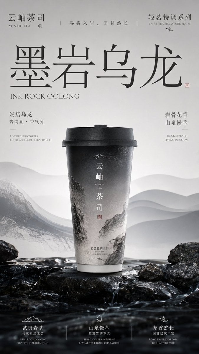 请生成一张竖版 9:16 的高级新中式茶饮品牌包装主视觉海报。每张图片独立生成，不要合并成拼图。 【品牌信息】 品牌名：[品牌名] 英文名…