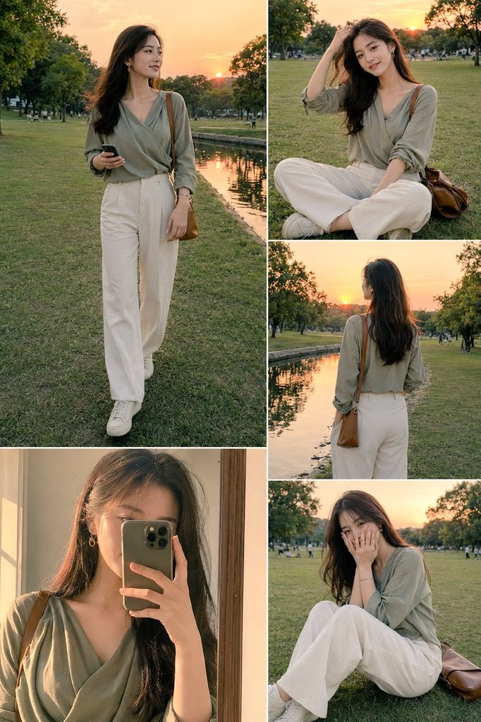 Ultra-realistic cinematic lifestyle fashion collage of a beautiful young Asian woman in a wide green park at…