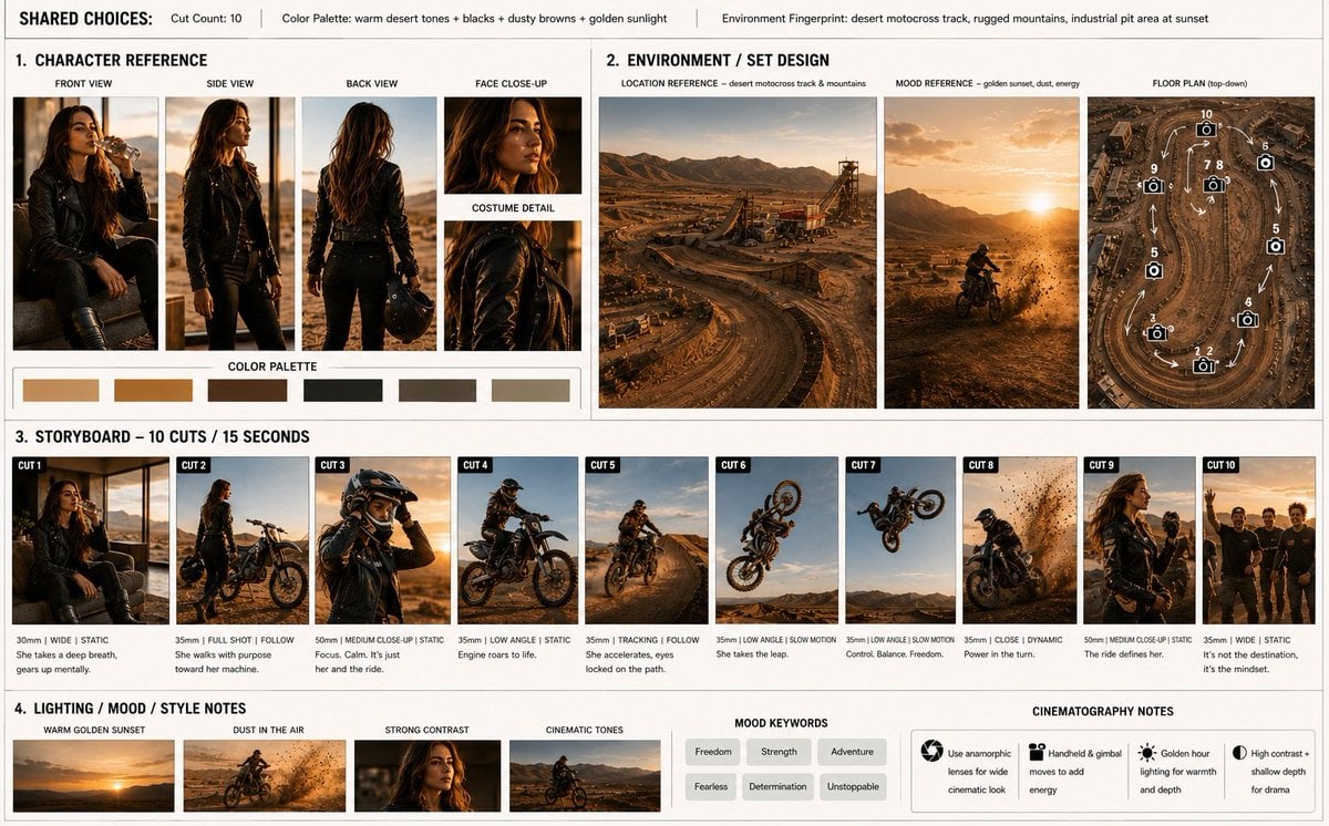 Storyboard sequence, 10 cinematic frames: A stylish young woman relax…