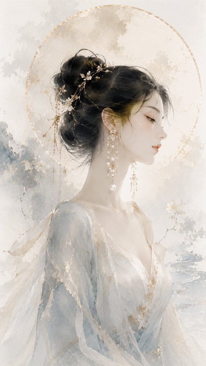 请生成一张 9:16 竖版、原创高级东方珠宝视觉海报。整体风格为东方水墨时装插画，结合高级珠宝 Campaign、轻奢品牌主视觉、细腻金线描绘、水墨留白、宣纸质感与现代东方审美。 主题珠宝：[Jewelry Type]…