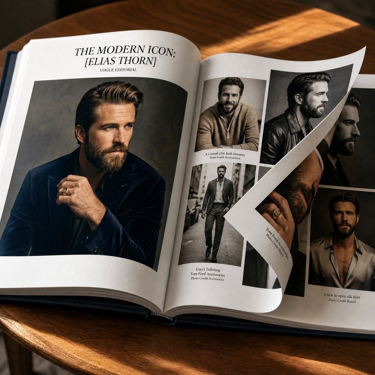 Photorealistic luxury coffee-table book opened across two pages, disp…