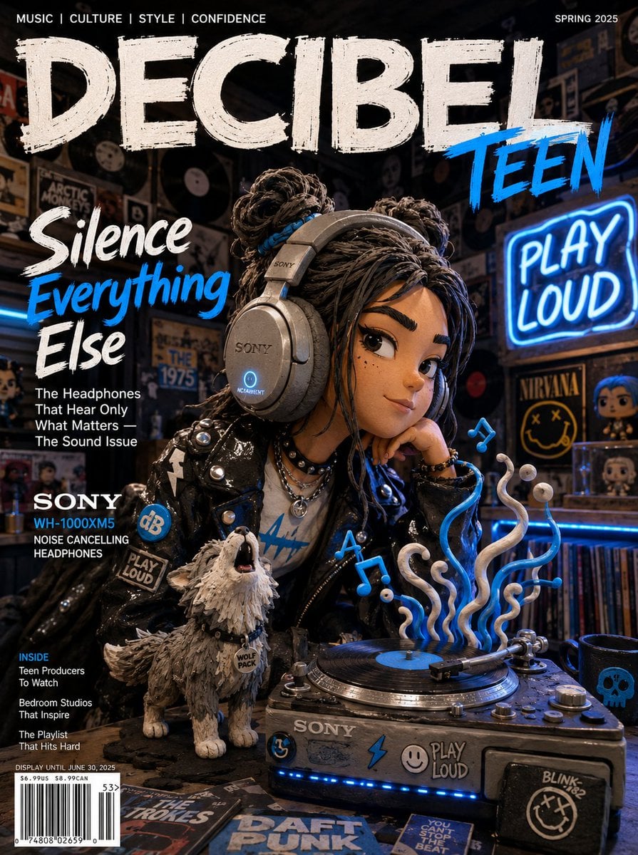 A bold claymation teenage girl with clay space buns and a vinyl clay…