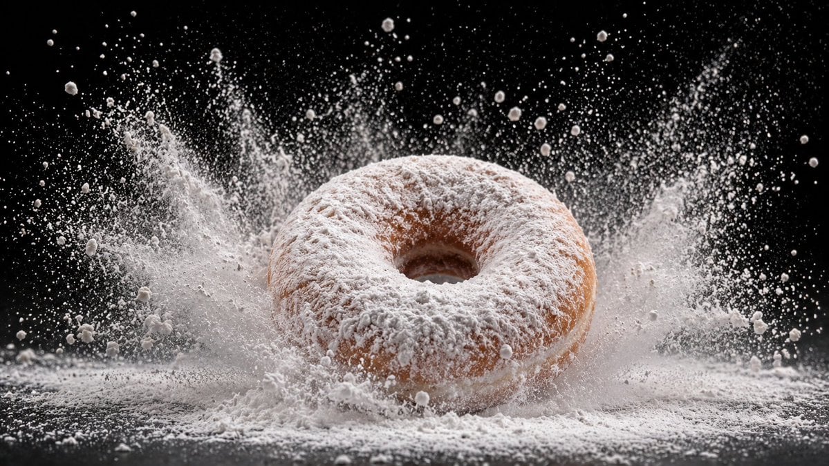 Food Item coated in Powder Sugar Cocoa being dropped or tapped causin…