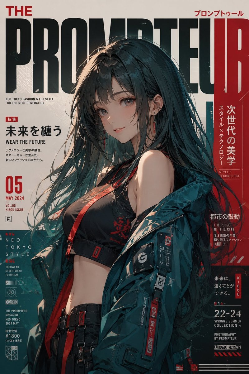 Ultra-premium Neo Tokyo fashion magazine cover, editorial anime reali…