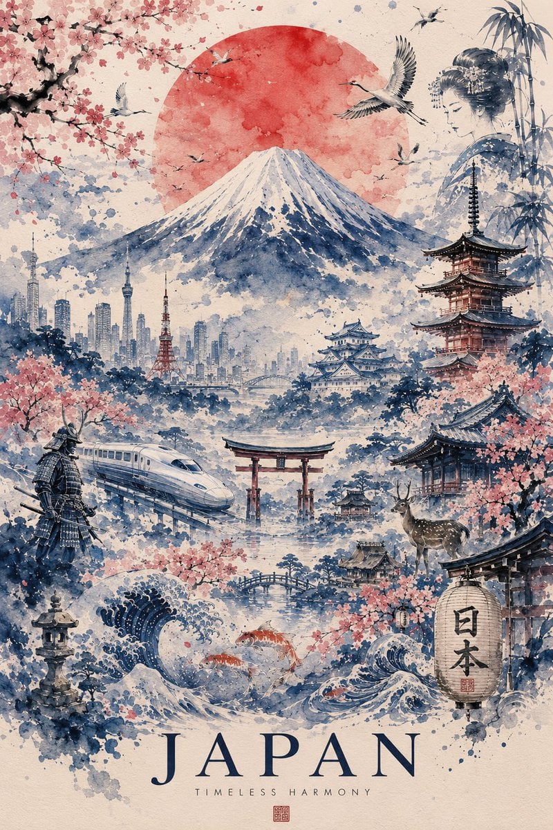 Ultra-detailed watercolor travel poster of Japan, painted in a refined traditional Japanese ink-and-wash (sum…