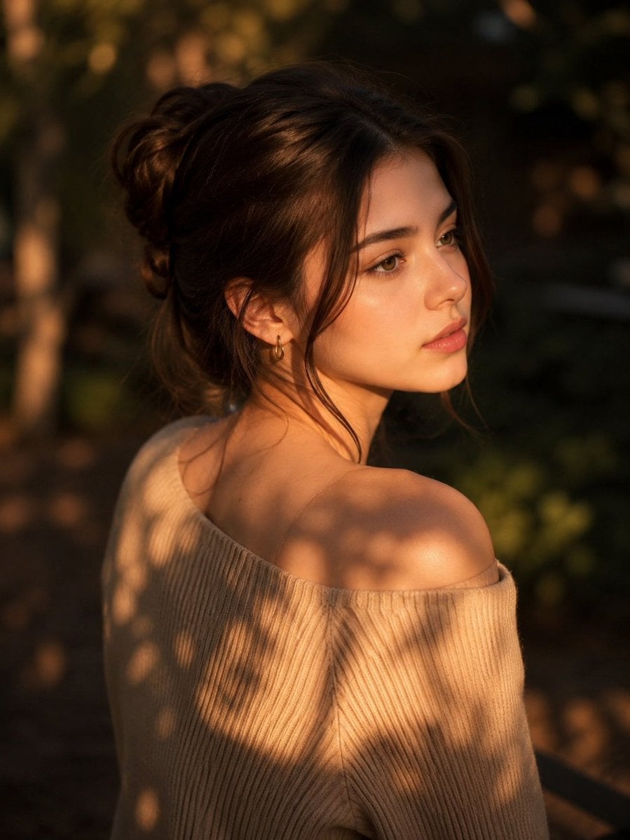 Edit foto wanita tersebut menjadi potret High Angle Sinematik dari se…