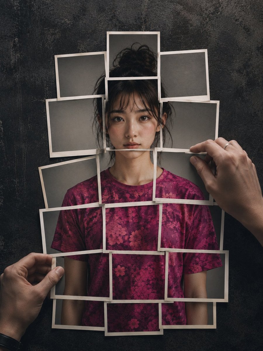 Hyperrealistic 8K photograph of a human figure composed of instant photographic prints layered on a dark, dis…