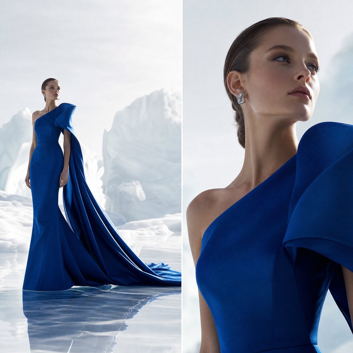Two-panel fashion editorial split with contrasting camera perspective…