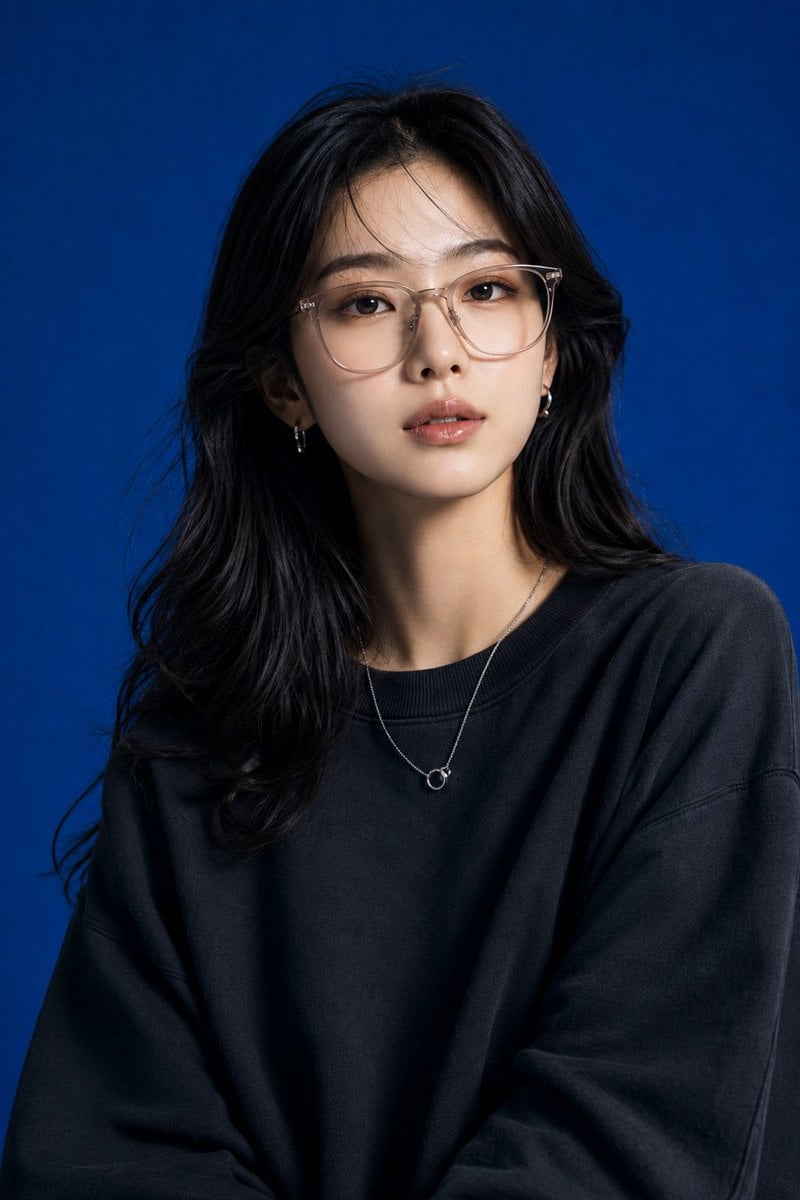 Create image Create a high-end studio fashion portrait inspired by the uploaded blue-background reference pho…