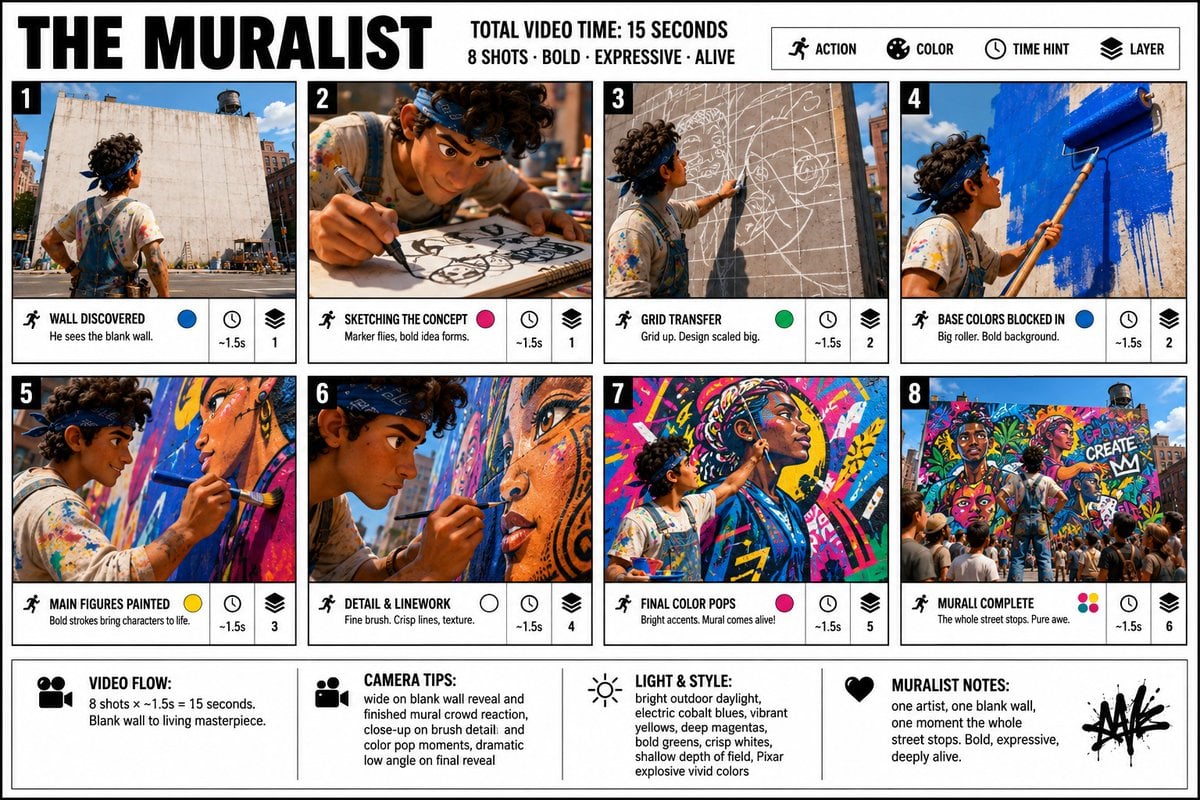 Create a crisp, clean infographic storyboard poster for THE MURALIST.…