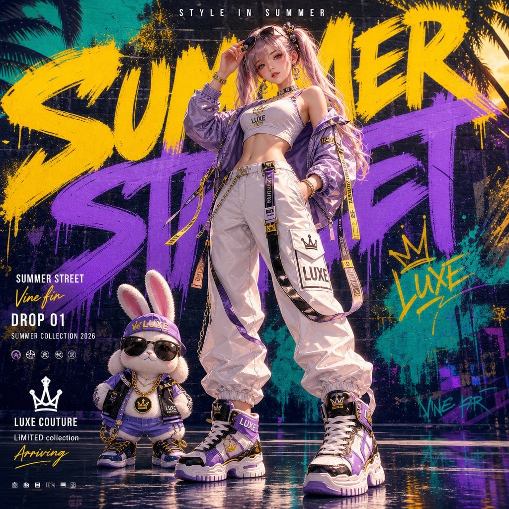 Generate a vertical 4:5 high-end streetwear fashion poster featuring…