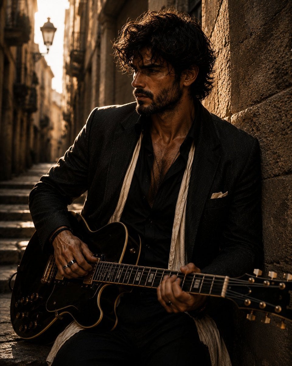 Create a hyper-realistic cinematic portrait of an intense, stylish man with a guitar in hand, inspired by lux…