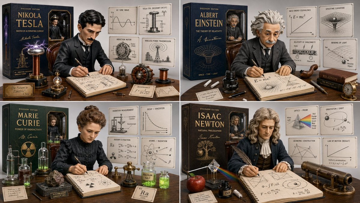 2x2 grid, 16:9, do this for Tesla and 3 other famous scientists Input: Nikola Tesla: Anchor: A 3D diorama of…