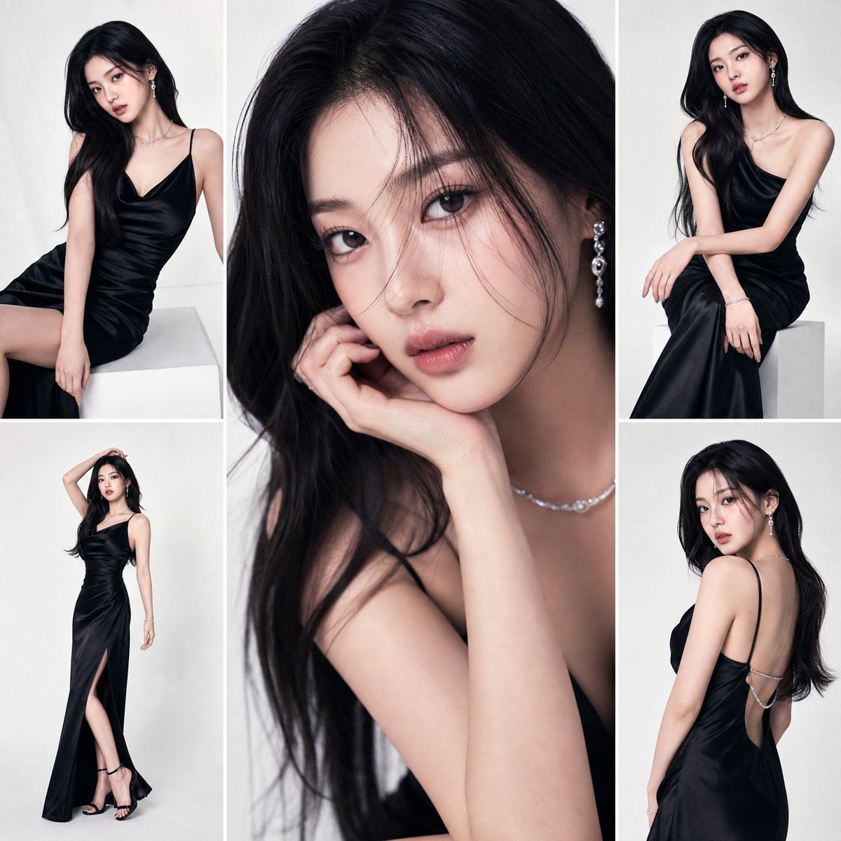 A high-fashion studio editorial featuring a K-pop idol in a multi-pan…