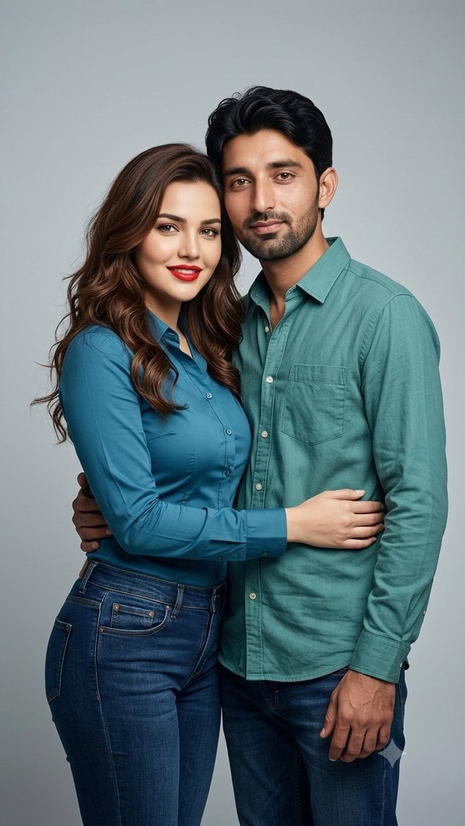 A stylish young couple posing together in a professional studio photoshoot, standing close and embracing each…