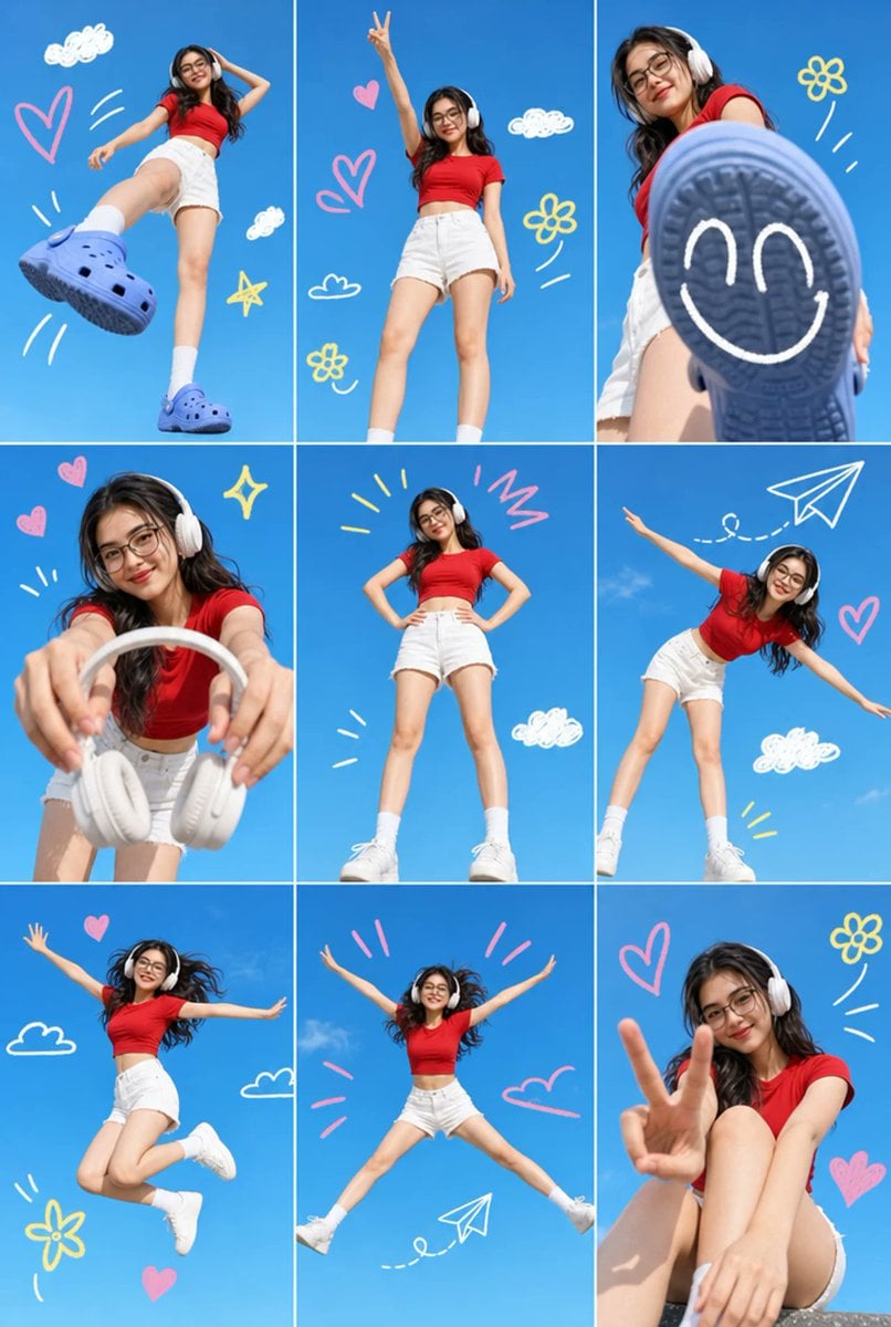 A 3x3 grid collage containing nine separate photos of a single young…