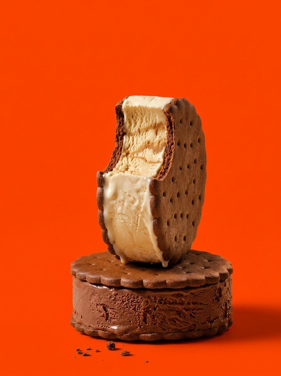 "A studio food still-life of two chocolate ice-cream sandwiches stack…