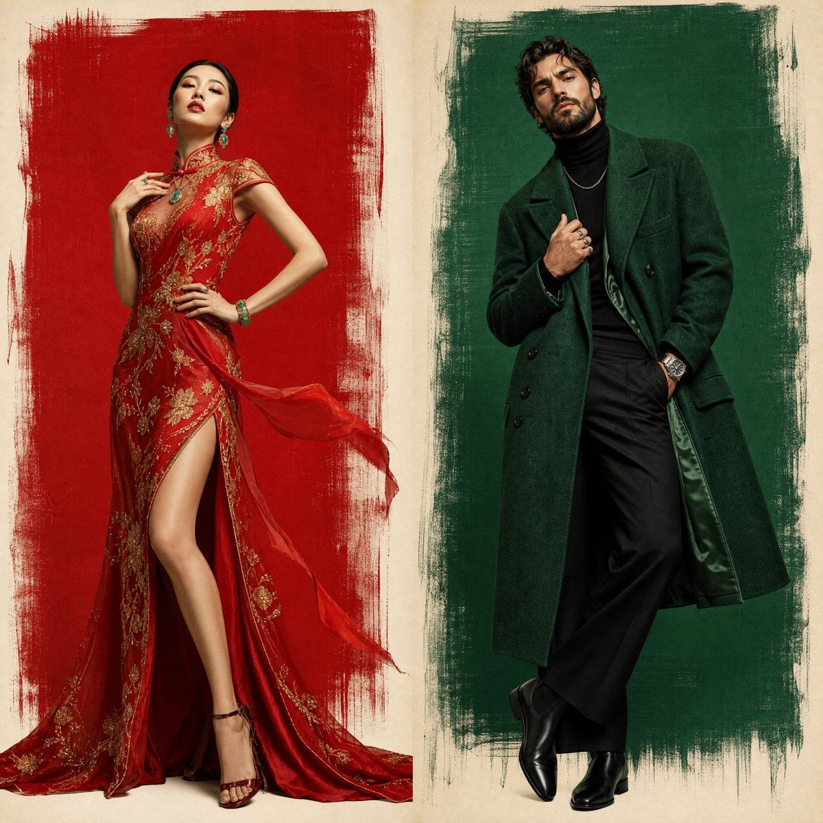 Two-panel luxury fashion poster. Left side: a rough brush-painted rec…