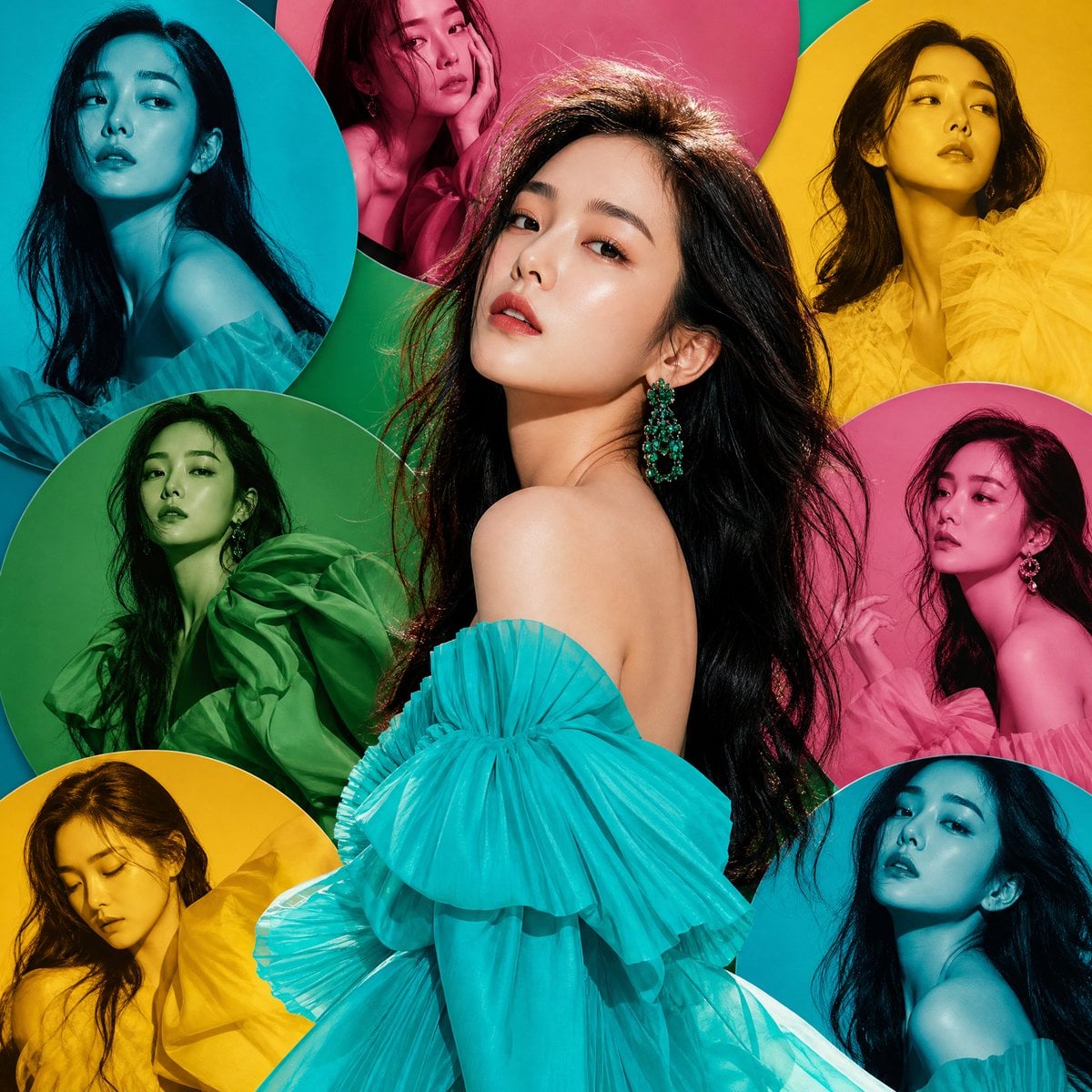High-fashion vertical editorial artwork featuring an elegant Korean woman with flawless luminous skin, soft n…