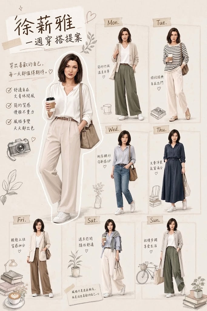 Create a stylish weekly outfit guide poster in a warm scrapbook-style…