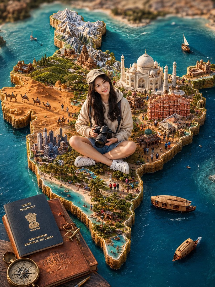 Highly detailed 3D miniature travel diorama of India shaped as a realistic raised map floating in crystal-cle…